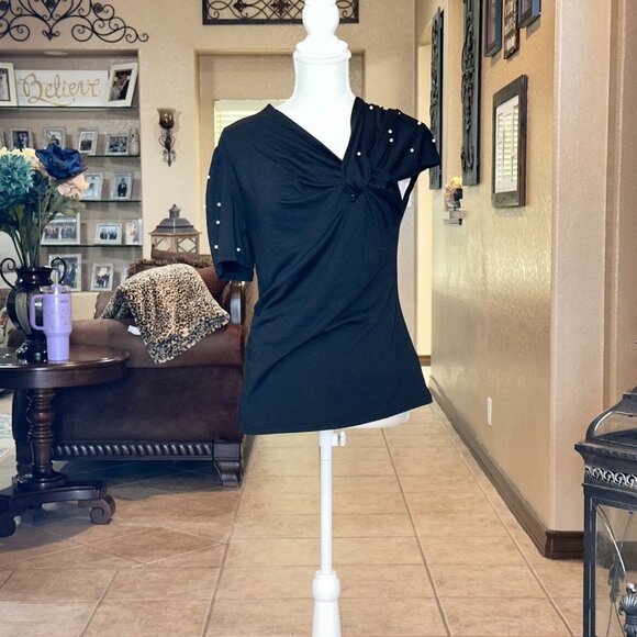 Shein Curve*Asymmetrical Neckline Top Pearl accented Sleeves*EUC - Picture 1 of 4